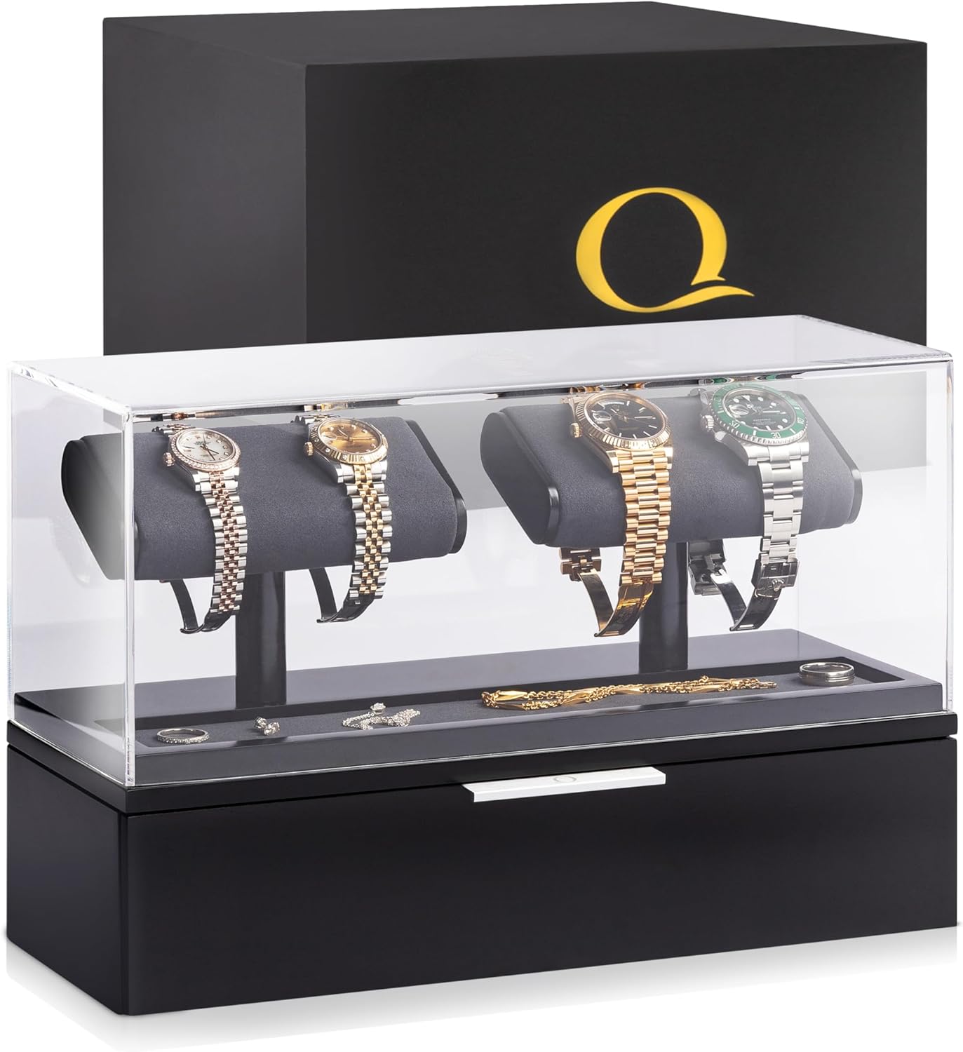 QWATCH Watch Stand Display Case - Acrylic Watch Box for 2 or 4 Watches with Jewelry Valet Tray and Drawer