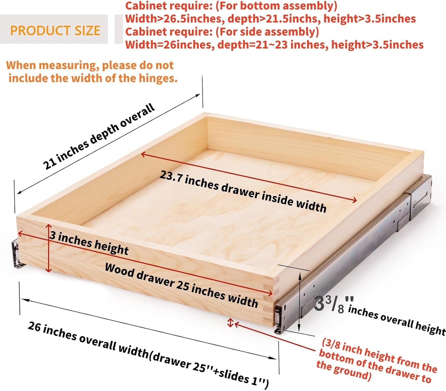 26''W x 21''D x 3''H Pull Out Cabinet Drawer Soft Close Slide Out Wood Organizer for Kitchen, Finished, Bottom and Side Assembly (Wood Drawer Part Width is 25inch)