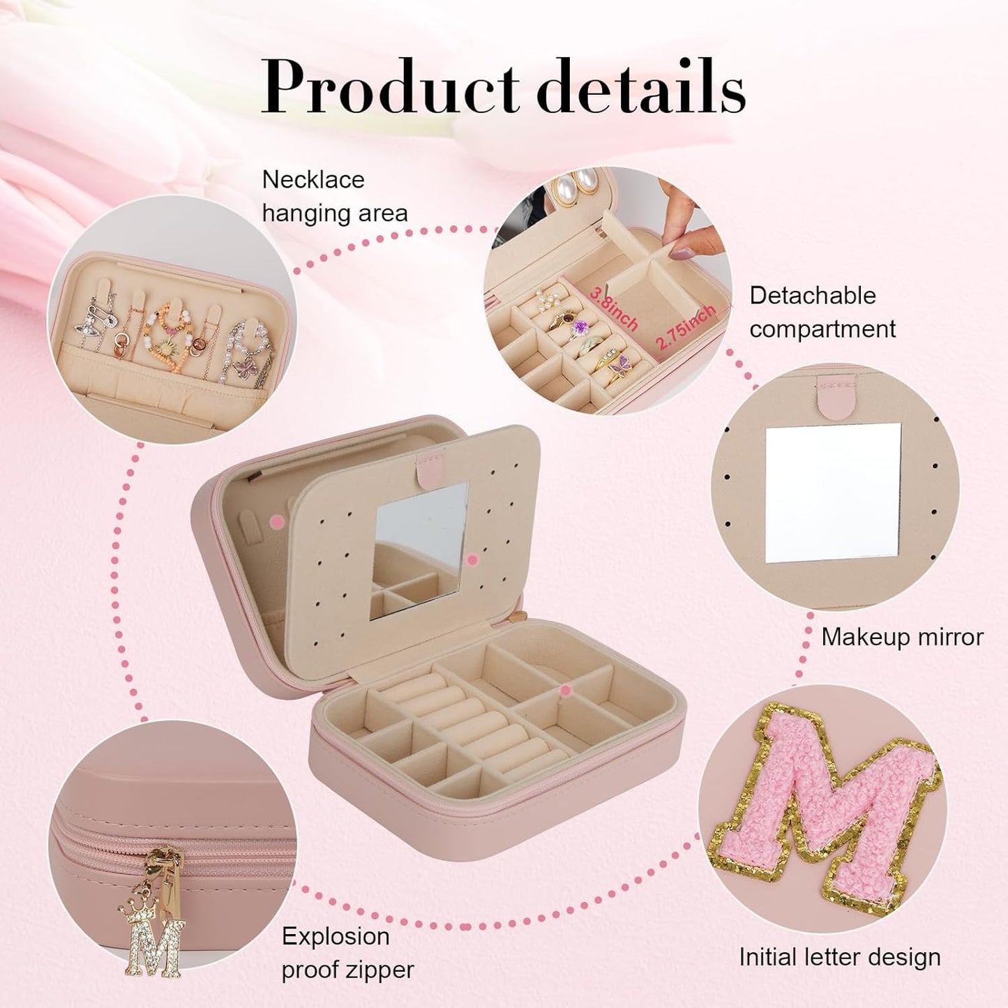 TopPerfekt Travel Jewelry Case, Jewelry Box with Mirror, Jewelry Organizer Bridal Shower Gifts to Her, Earring Storage Travel Case, Trendy Gift for Women and Girls, Girlfriend-Letter N, Pink
