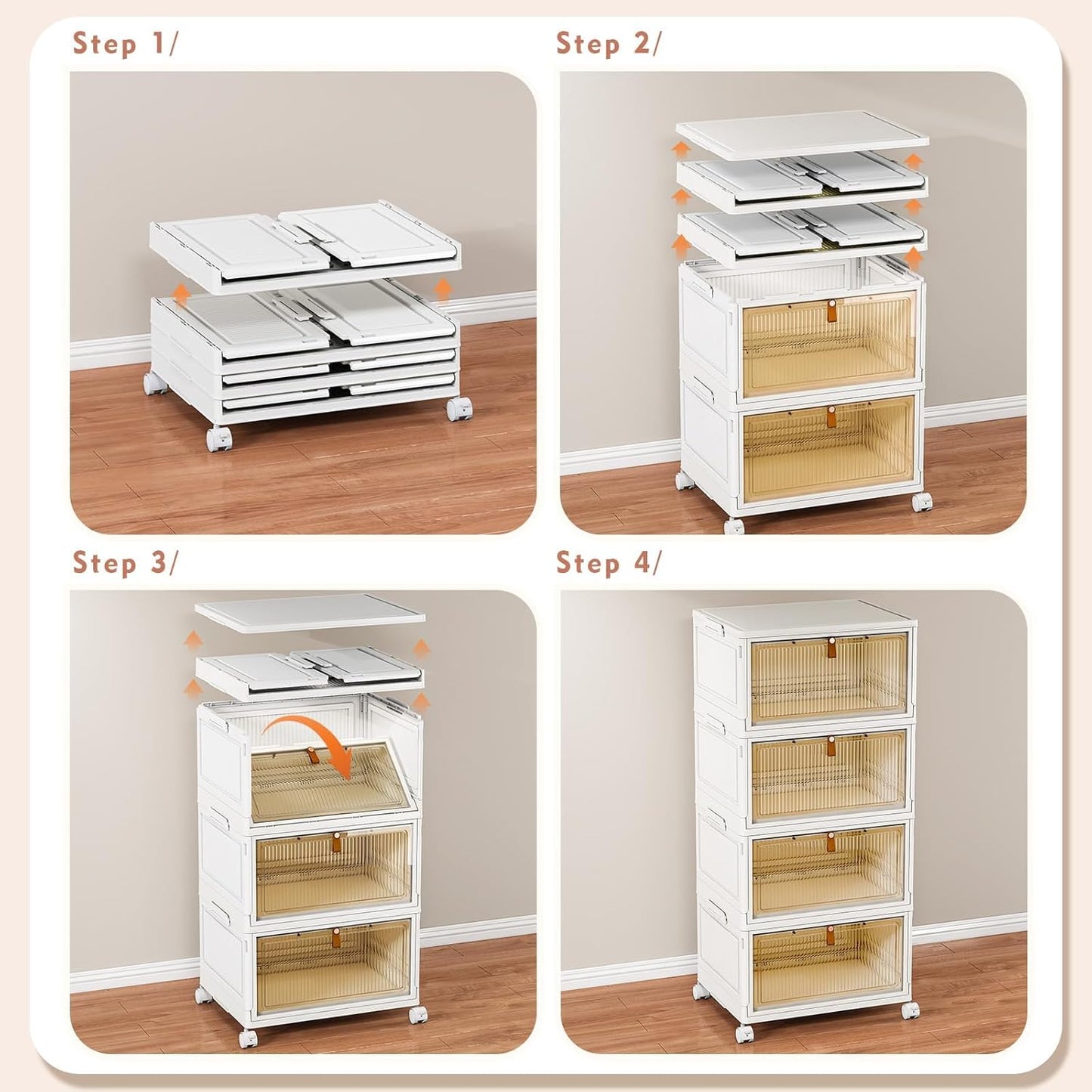 CTSNSLH 4 Tier Plastic Storage Bins and Boxes Organizer - 27Qt Stackable with Lids for Bedroom, Living Room, Office - Foldable Containers