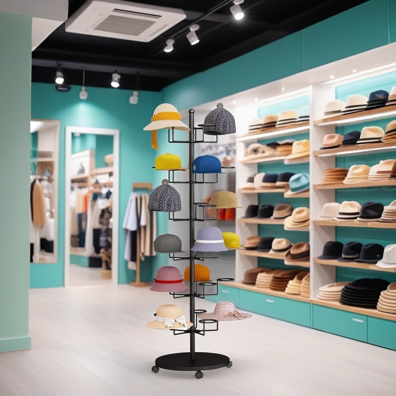 Hat Rack Stand 40-Hooks, Hat Display Stand Metal,Hat Display for Stores， Home or Store of Standing hat Rack(Black,8th Floor)