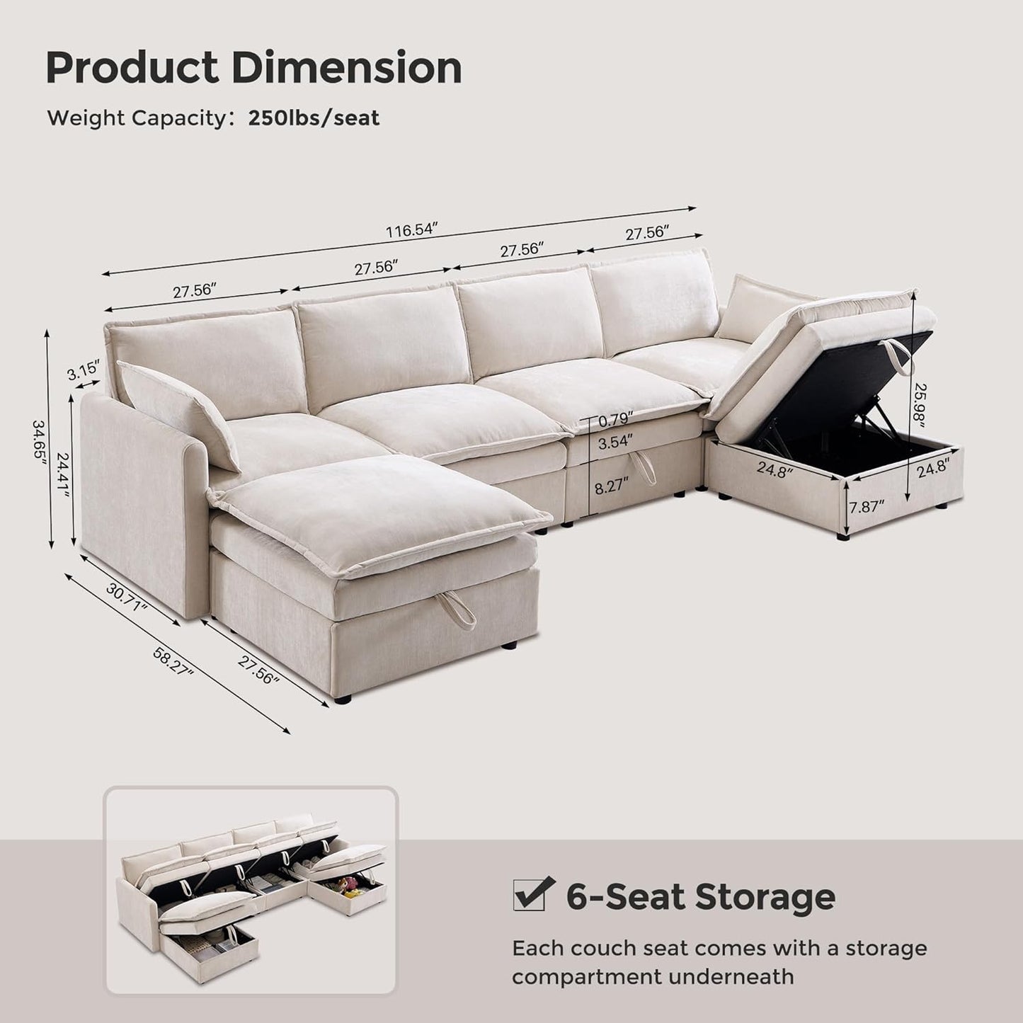 116.54" Sectional Couches for Living Room, Cloud Couch Sectional with Large Storage, U-Shape Modular Sectional Sofa with Ottoman,6 Seater Chenille Sofa with Pillow for Apartment, Bedroom, Beige