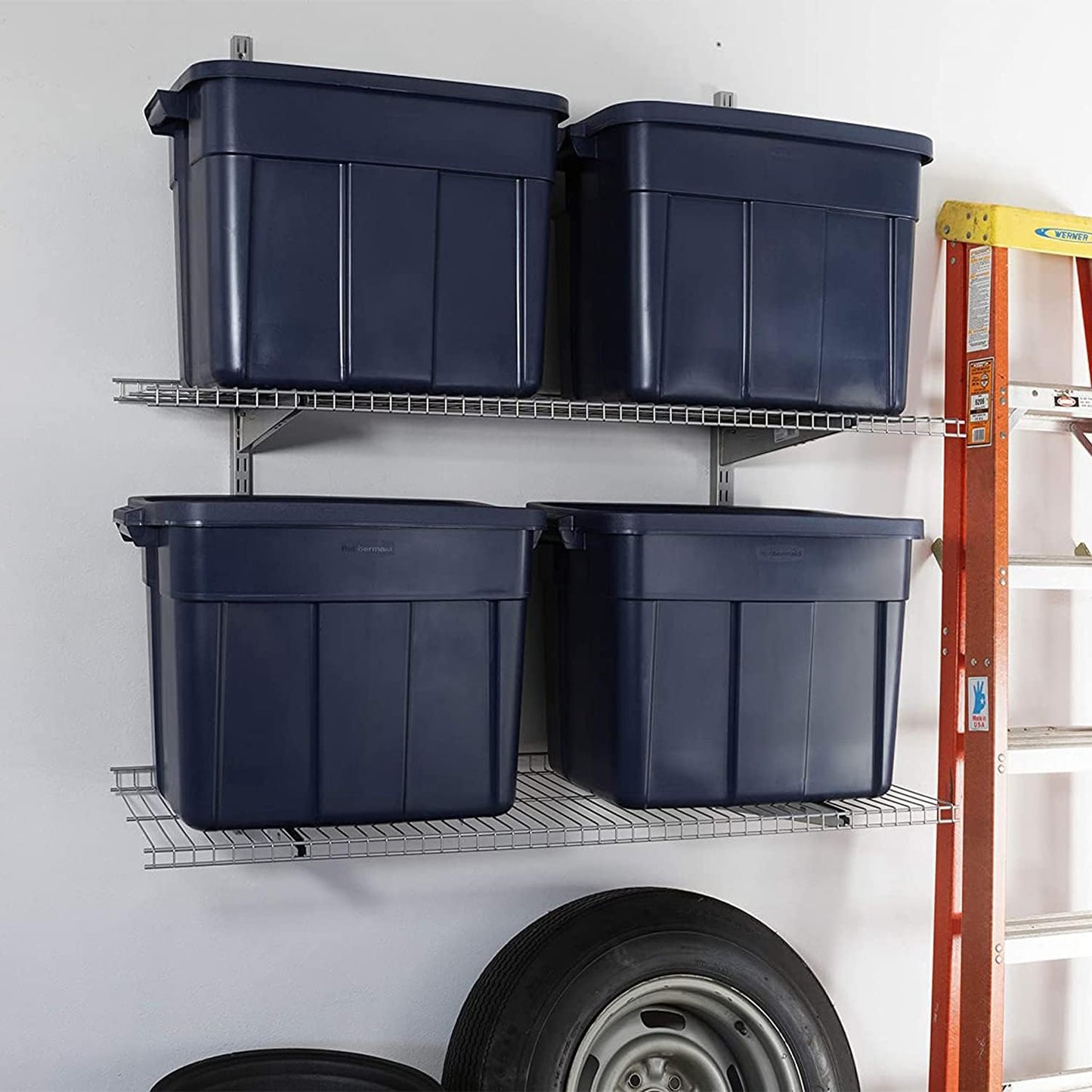 Rubbermaid 18 GAL 6 Pack Garage Storage Bins with Stackable Lid, Heavy Duty - Made in USA - Extreme Temperature Resistant, Durable Plastic Containers with Handles - Solid Black and Grey