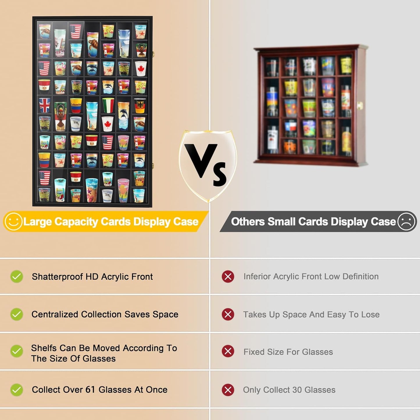 Black Shot Glass Display Case Large 61 Slots Glass Display Holder Wall Mounted Storage Shadow Box with UV Protection Acrylic Glass Door for Room Decor