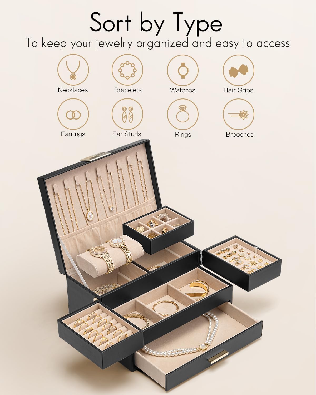 Vlando 3 Layer Jewelry Box - Women Jewelry Box with Retractable Tray - Jewelry Organizers with Drawer for Necklaces, Rings, Bracelets, Earrings, Gift for Couples Mom Girls - Black