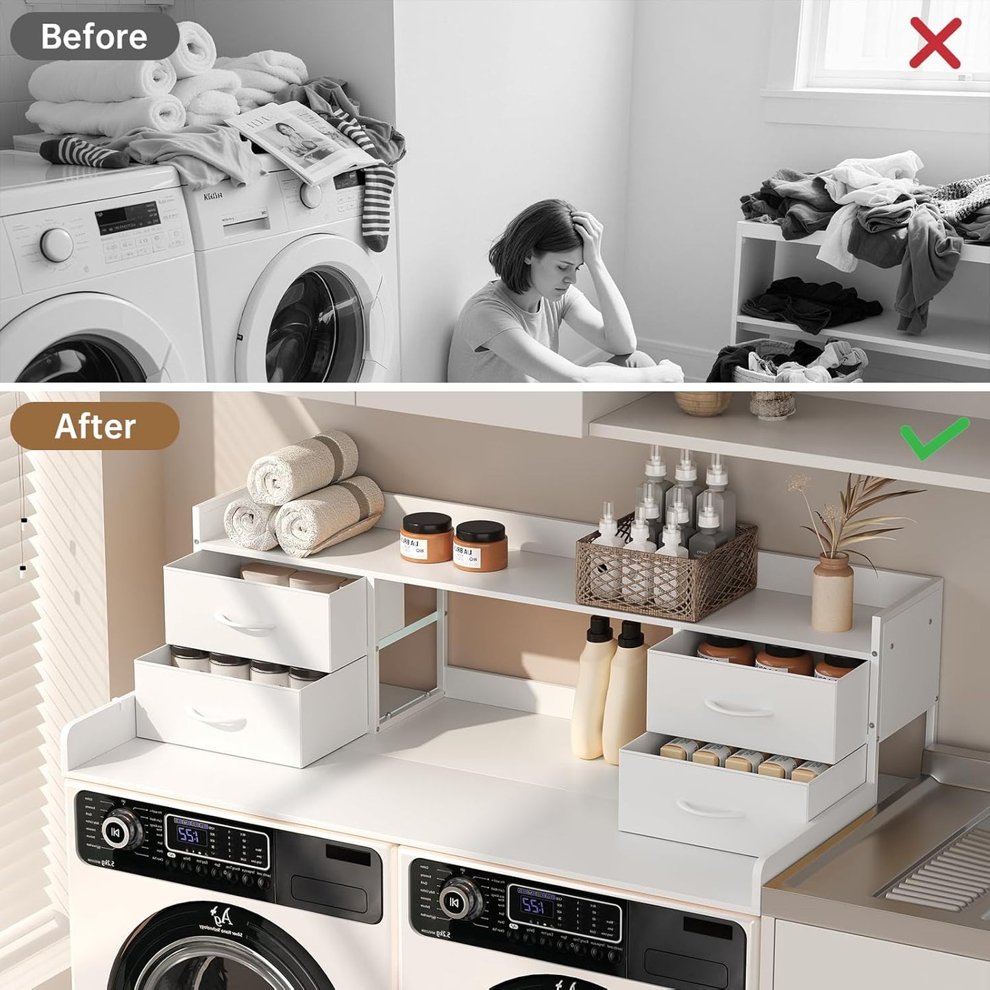4 Drawers Washer Dryer Countertop with Shelf, 27.5" D x 54" W Laundry Topper with 3.54" High Guardrails and Non-Slip Pads,Extra Storage Organizer for Over Washer and Dryer, Holds 66 Lbs,White