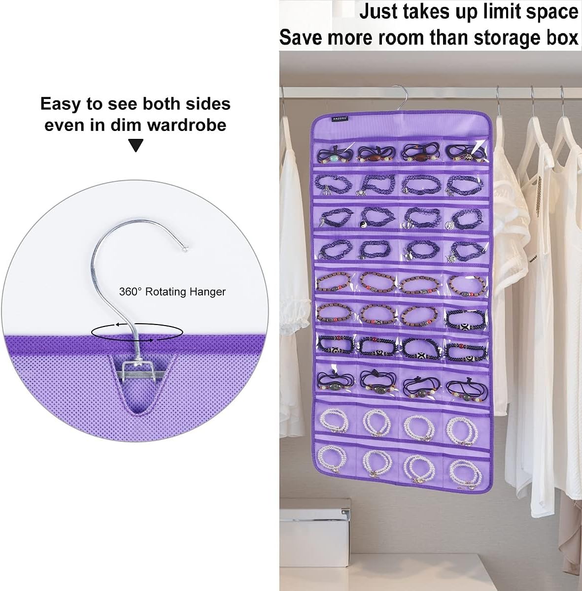 80 Pockets Hanging Jewelry Organizer for Holding Jewelries Dual-Sided Accessory Display Holder for Earrings Bracelets Rings (80 Pockets-Purple)