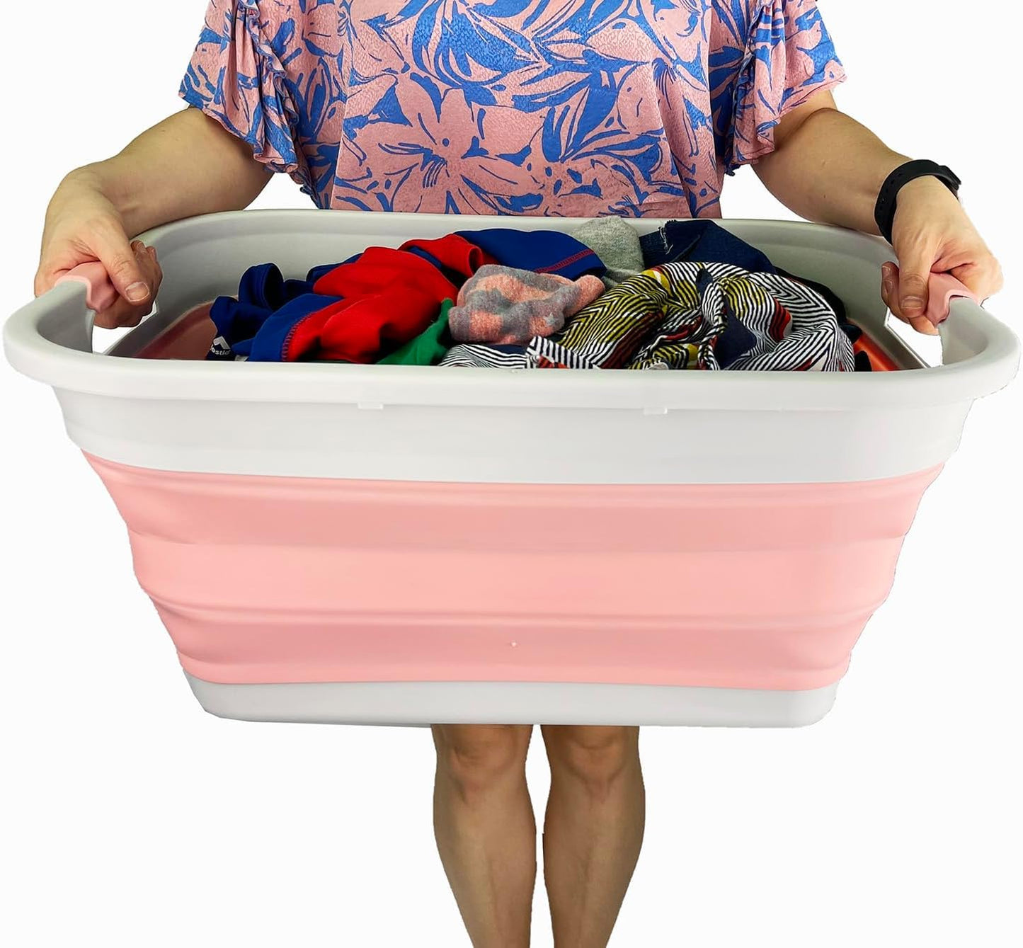 SAMMART 41L (10.8 gallon) Collapsible Plastic Laundry Basket - Foldable Pop Up Storage Container/Organizer - Portable Washing Tub - Space Saving (Grey/Quartz Pink, Rectangular)