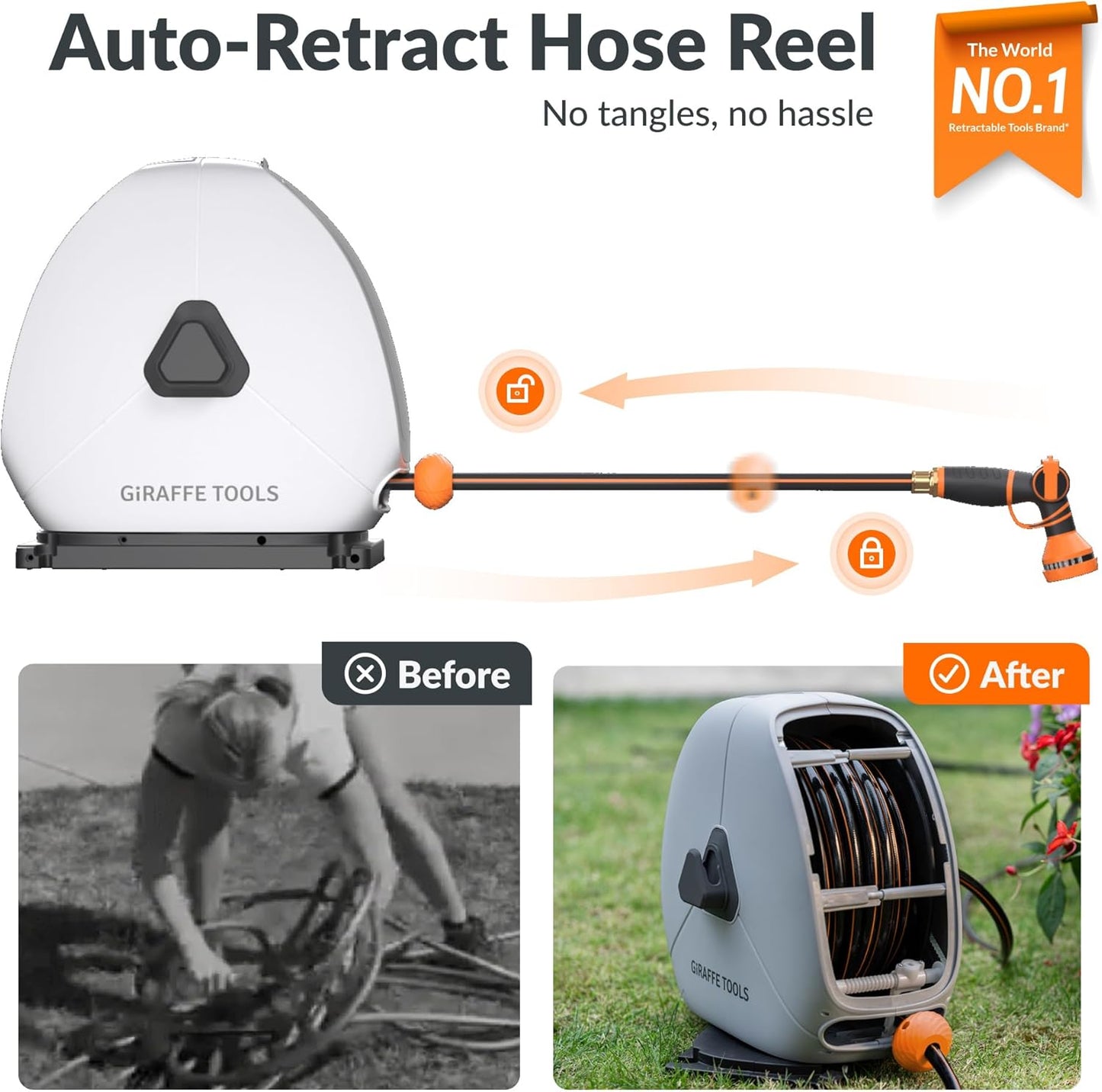 Giraffe Tools Retractable Hose Reel with 1/2 Inch x 100FT, Heavy Duty Ground Mount Garden Hose Reel, Automatic Rewind,with 9-Function Sprayer Nozzle & Flexible Swivel Base