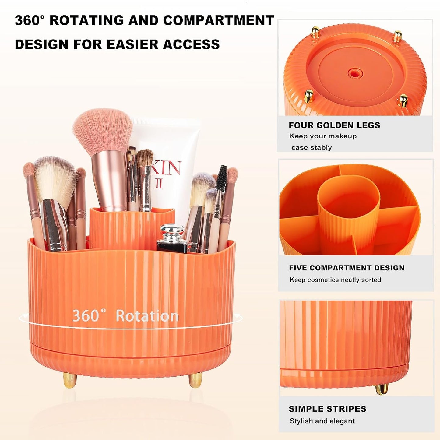 Anyoifax 360° Rotating Makeup Brush Holder Organizer, Make up Brushes Cup for Vanity, 5 Slot Spinning Makeup Organizers for Cosmetics, Lipstick, Pen, Orange