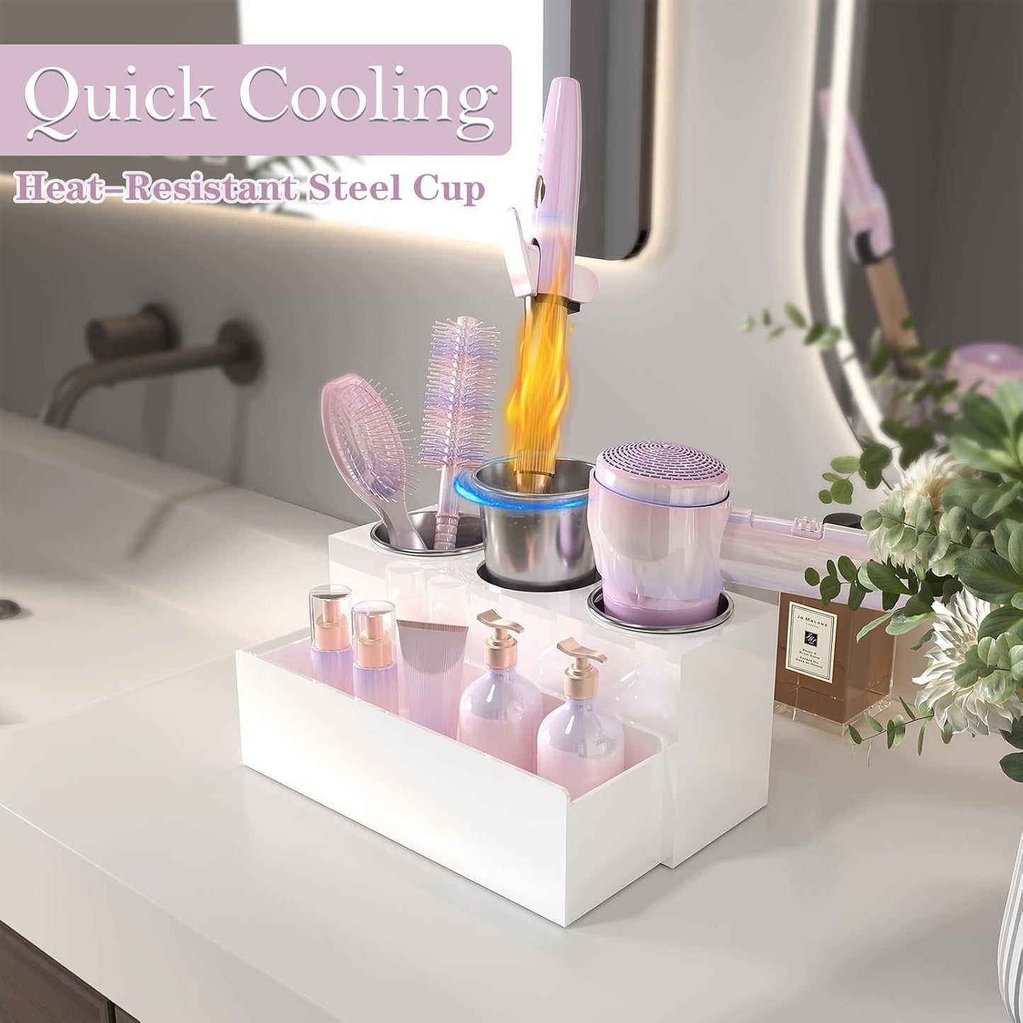 Hair Tool Organizer, Acrylic Hot Hair Styling Tool Organizer with 3 Cups, Hair Dryer Holder for Bathroom Organization Bedroom Vanity Countertop Caddy Storage Curling Iron Stand (Glossy White)