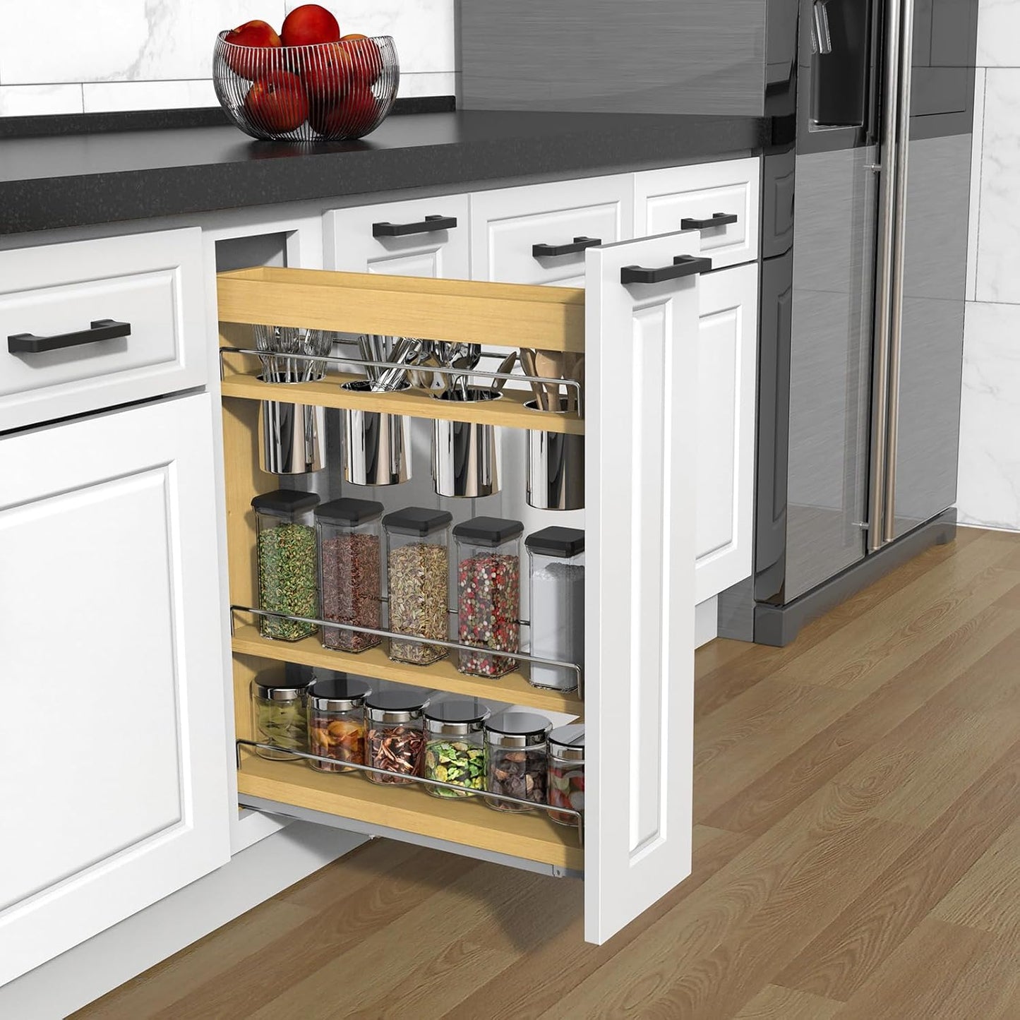 Pull Out Cabinet Organizer 5" Soft-Close Wood Pullout Shelf Organizer for Utilities Kitchen and Bathroom Base Cabinets, Slide Out Spice Rack