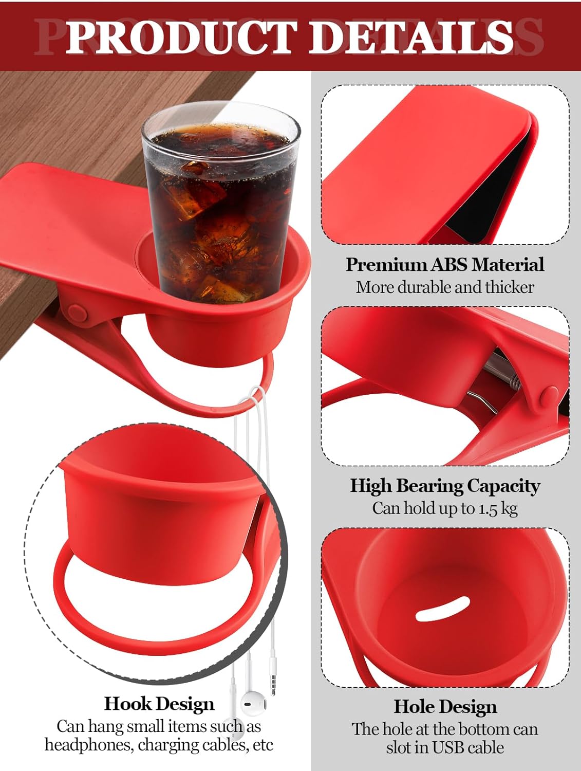 Kalolary 2-Pack Table Edge Cup Holder - Versatile Clip for Drinking Cups, Mugs & Bottles - Ideal for Home, Office & School (Red)