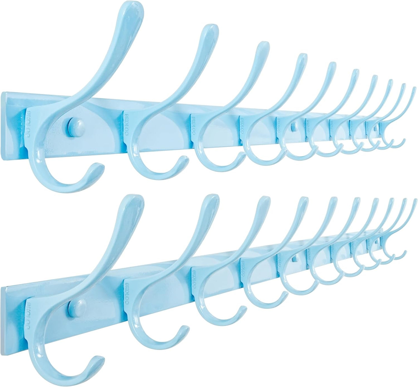 SKOLOO Coat Rack Wall Mounted - 10 Hooks, Pack of 2, Heavy Duty, Stainless Steel, Metal Coat Hanger, Sturdy Wall Hooks for Hanging Coats, Jacket, Clothes, Hat, Blue