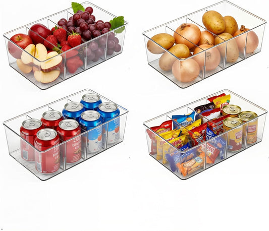 4 Pack Pantry Organizers and Storage,Snack Containers with 3 Dividers for Kitchen,Fridge,Refrigerator Organization and Storage,Clear Plastic Organizer Bins for Spice,Tea bag,Seasoning