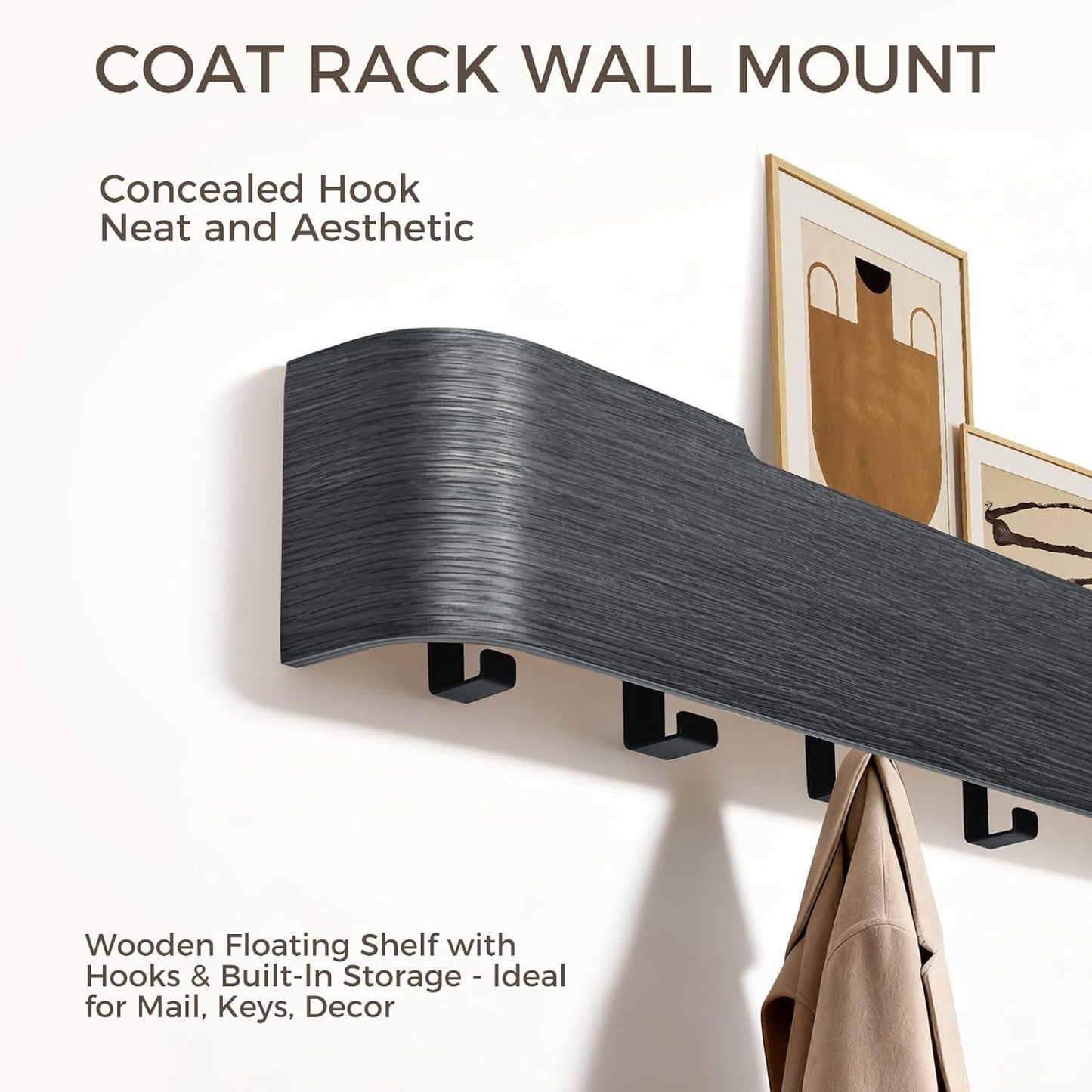 Wall Coat Rack Floating Shelves Modern Coat Rack Wall Mount with Storage Entryway Shelf Wooden Hanger 20 Inch 4 Hidden Metal Hooks for Living Room Bedroom (Black, 5 Hooks)