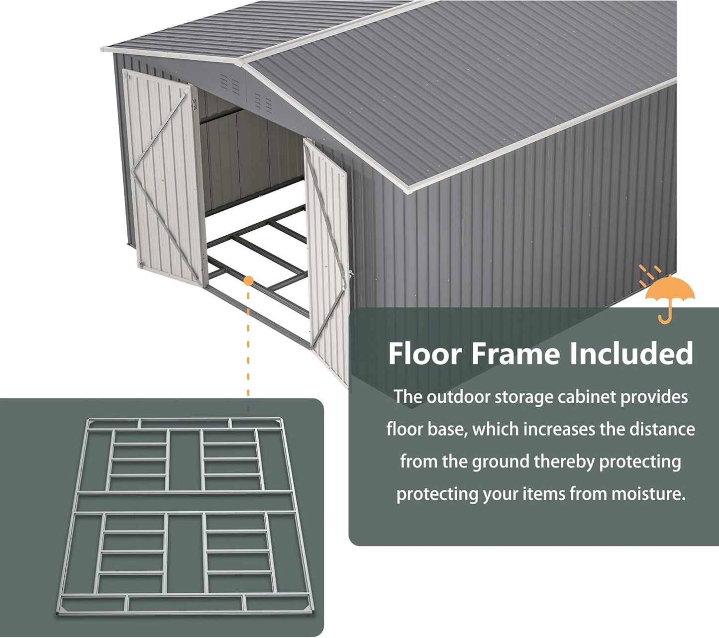 11x13 FT Outdoor Metal Storage Shed with Floor Frame, 140.5 sq.ft Heavy-Duty Garden Tool Shed with Double Doors, Waterproof Roof, All-Weather Steel Utility Shed for Backyard, Lawn, Patio