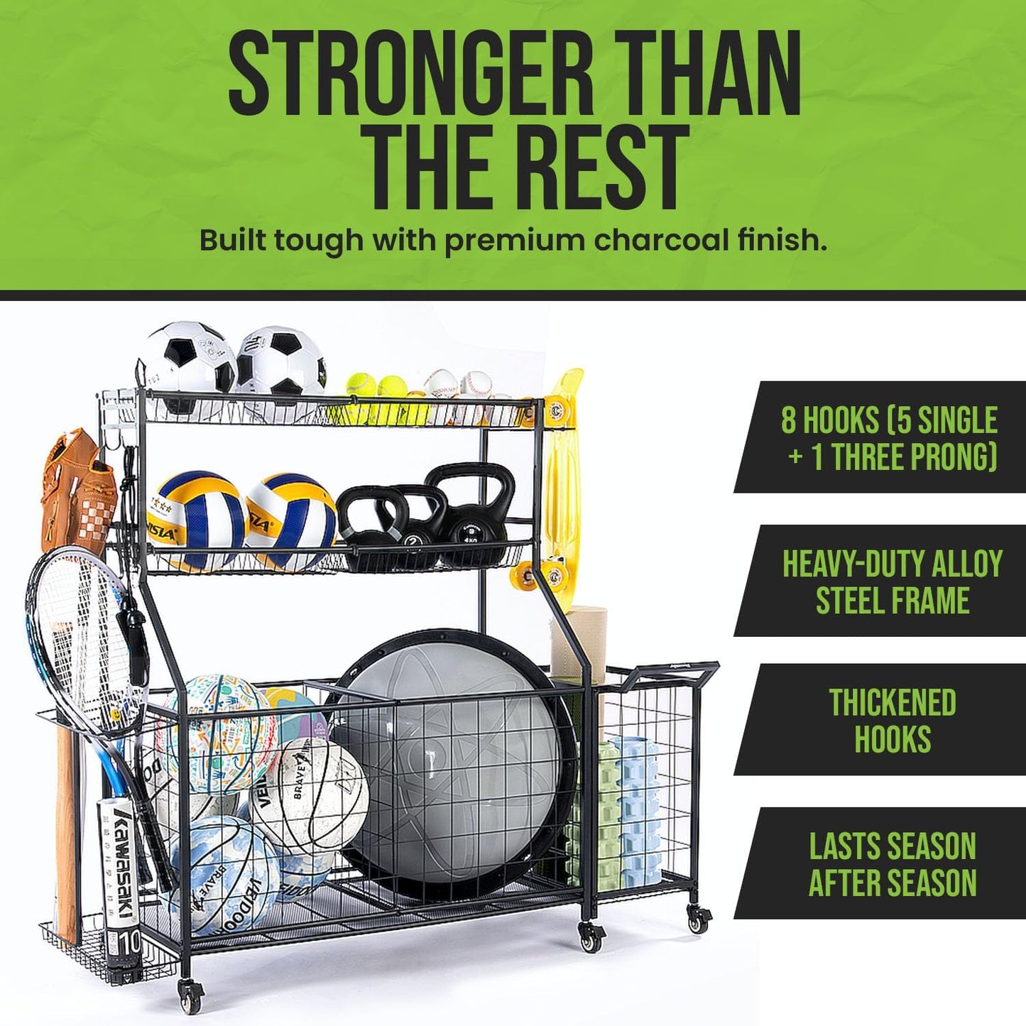 SpaceWise Sports Equipment Organizer – Garage Ball Storage Rack with Hooks, Baskets, Wheels & Detachable Portable Side Cart, Golf Organizer, Gym Equipment & Toy Storage Solution, Charcoal Finish