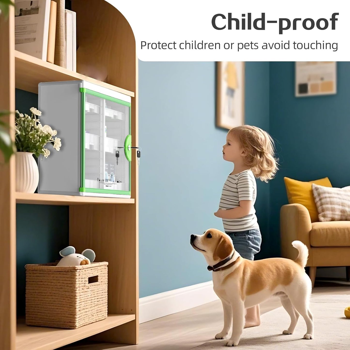 Glosen Medicine Cabinet Locking Medicine Cabinet Wall Mounted【 Green 13.6 x 13.4 x 6.5 Inch 】 Portable Storage Container Big Capacity