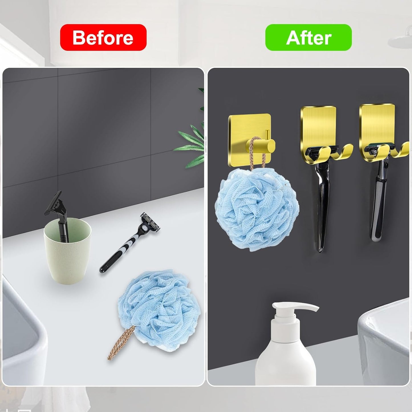 CGBE Razor Holder for Shower, 4 Packs Razor Holder and 4 Packs Shower Hooks, Self Adhesive Shaver Holder Hanger Hooks for Bathroom, Damage Free Wall Hooks for Razor Shaver Loofah Sponge - Gold