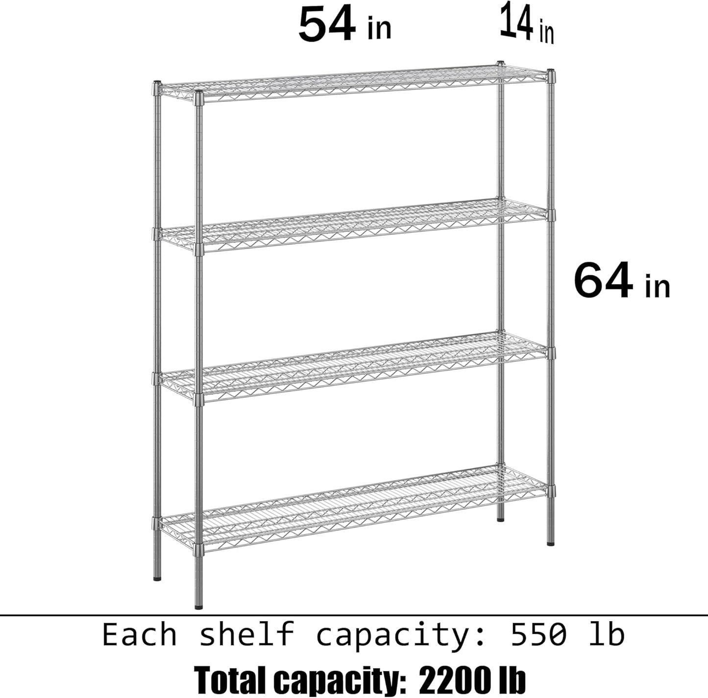 14" Deep x 54" Wide x 64" Height Wire Shelving Kit | 4-Tier | NSF Commercial Storage Rack Unit