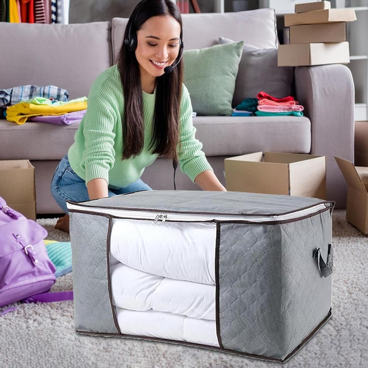 Comforter Storage Bags Boxes with Lid, Large Capacity Solution Organizer, Closet Organizers and Storage Containers Bins for Clothes, Duvets, Blankets, Pillow, Quilt, Bedding, Toys