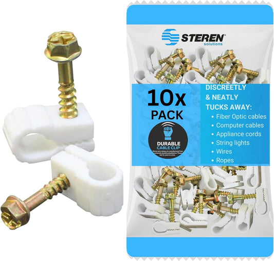STEREN Coaxial Cable Clips - Cable Holder - Wire Clips - Siding Clips for Hanging - Cord Holder for Desk - Cable Clamps - Cord Clip - Wire Organizer Clips - Tv Mount Screws - White - 10 Pack