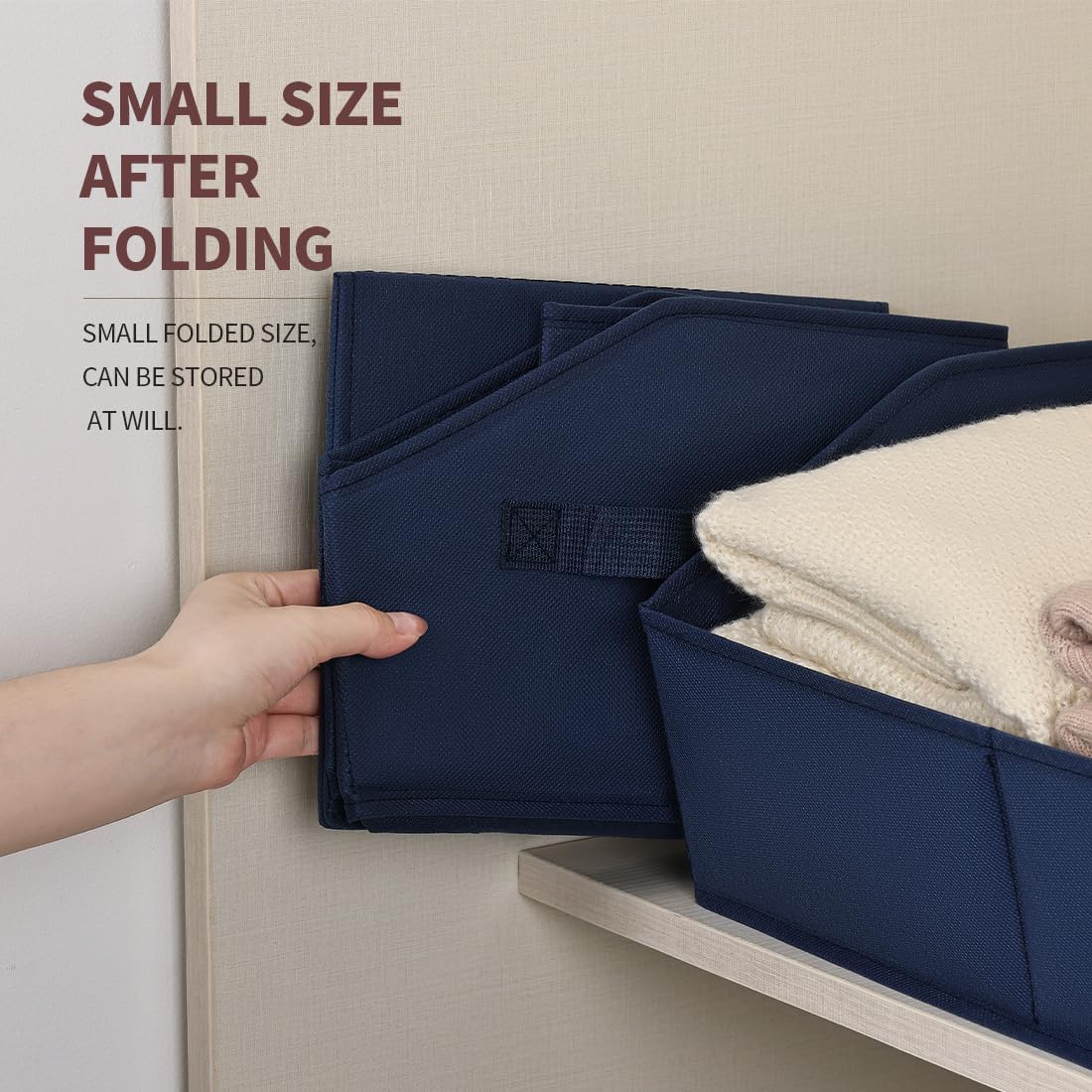 Clothes Organizers and Storage - Fabric Storage Bins with Handles, Storage Baskets for Organizing, Trapezoid Storage Cubes for Blankets, Towels, Office, 6 Pack, Navy Blue