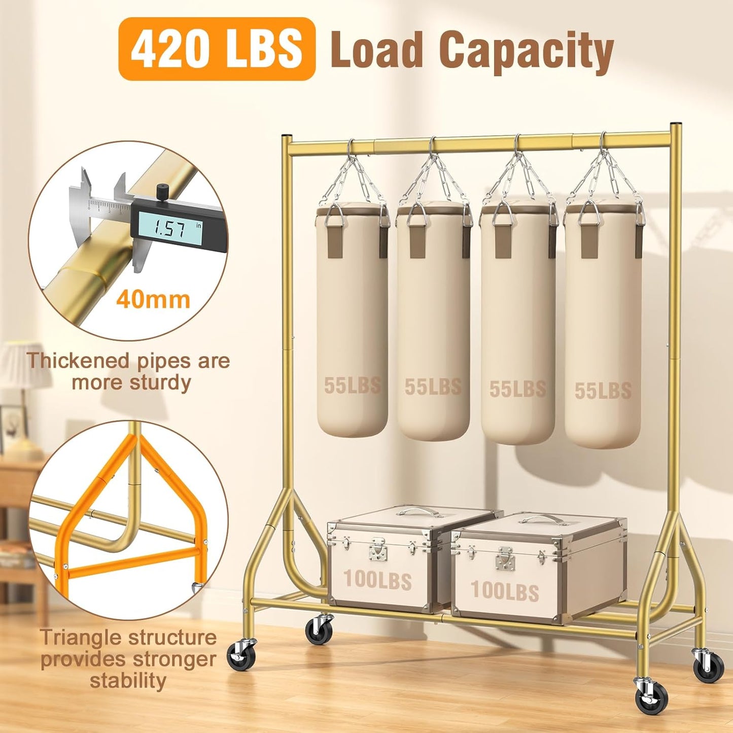 EAGMAK Heavy Duty Clothes Rack Load 420 LBS, Rolling Garment Rack with Lockable Wheels, Standing Metal Clothing Rack, Portable Wardrobe Sturdy Coat Rack for Hanging Clothes (Gold, 47.2″×18.9″×63″)