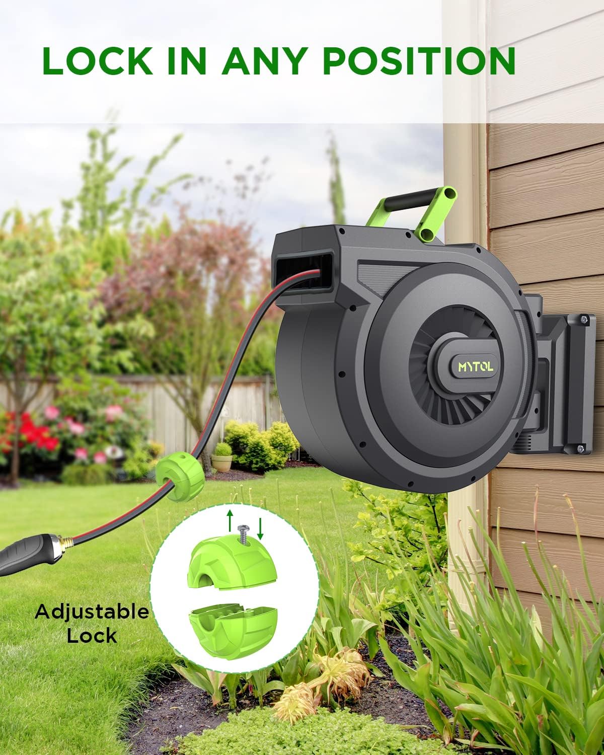 Retractable Garden Hose Reel, 1/2 Inch x 100 ft + 6 ft Wall Mount Hose Reel with Automatic Slow Rewind System, Any Length Lock, 10 Patterns Hose Nozzle, 180°Swivel Bracket, for Garden Watering