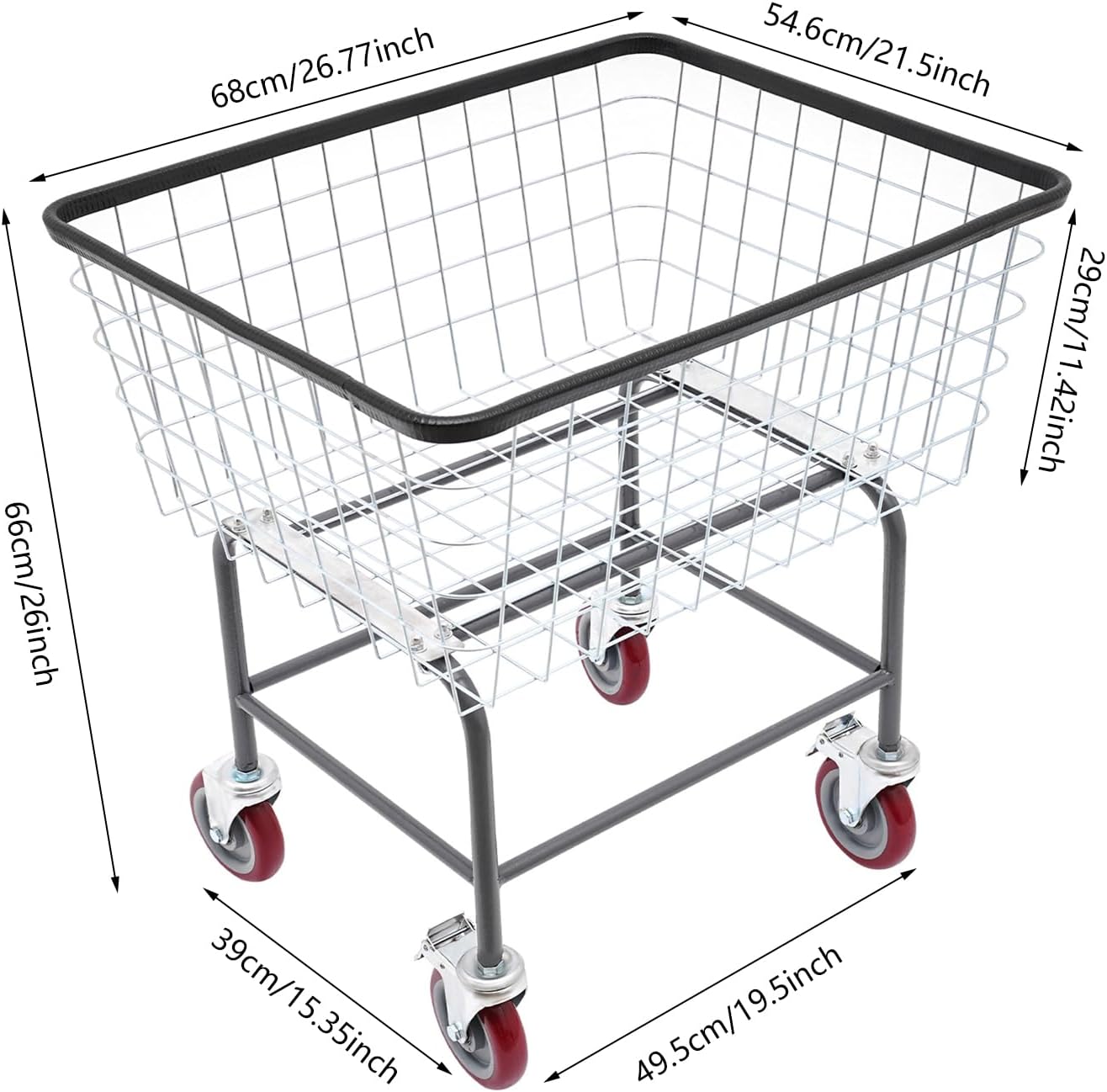 Steel Wire Laundry Cart, Wire Laundry Basket Cart with 4" Casters, Heavy Duty Commercial Rolling Laundry Basket for Clothes Storage, 26.77"D x 21.5"W x 26"H