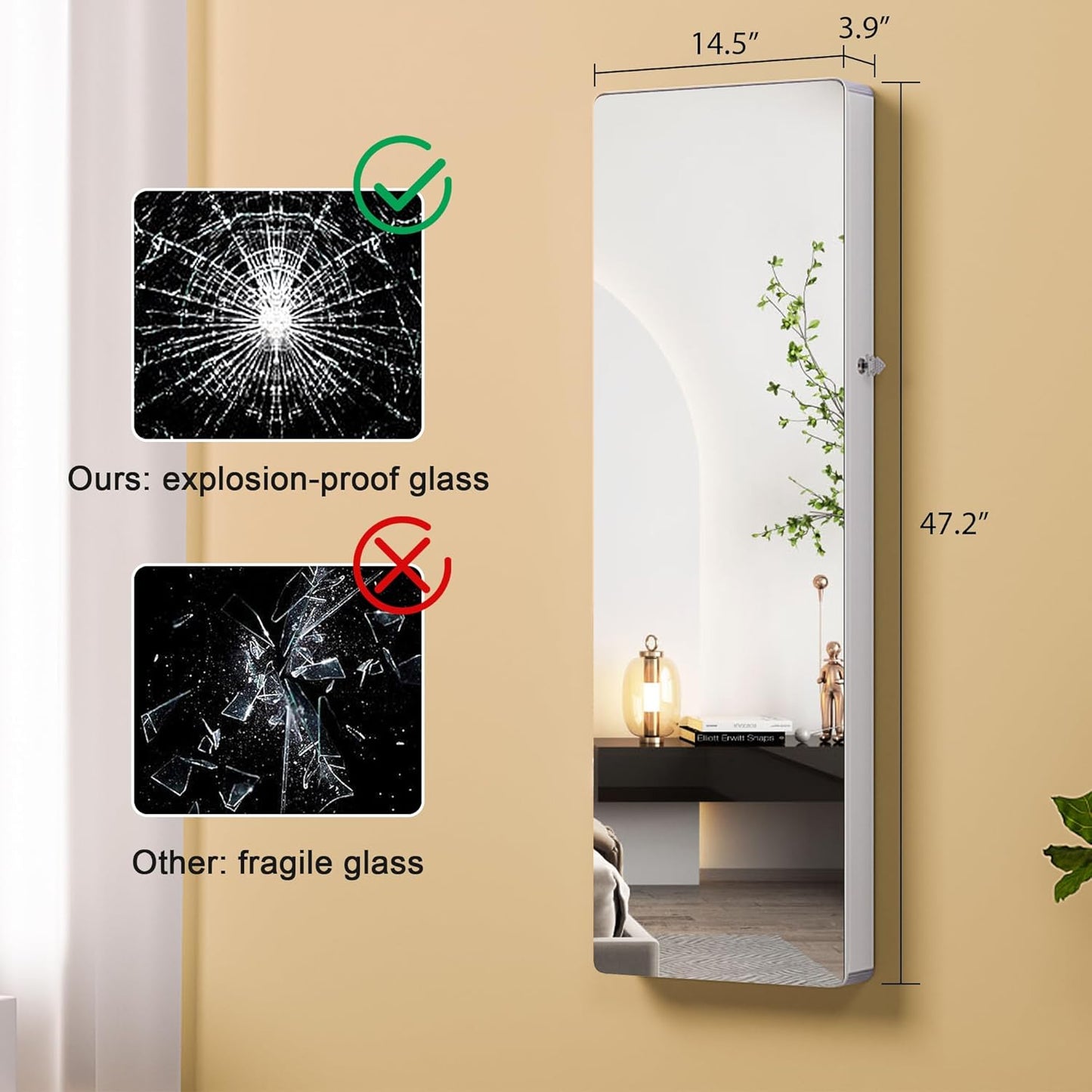 HNEBC LED Mirror Jewelry Cabinet,47.2" Wall Mounted Jewelry Organizer with Full-Length Mirror,Over The Door Hanging Jewelry Armoire Storage Cabinet,Folding Dresser,2 Drawers,Lockable, 3 Shelves(White)