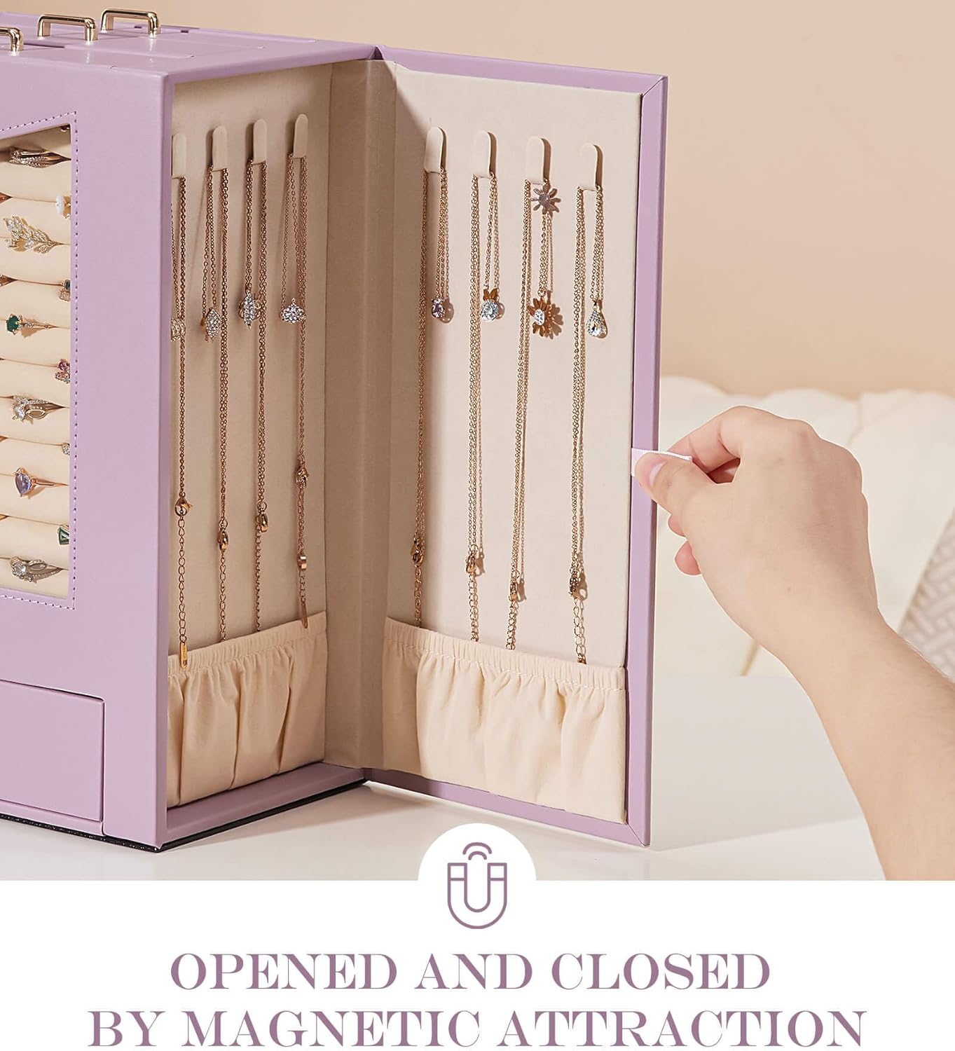 Homde Jewelry Organizer with Transparent Window Necklace Hooks Gift for Women Jewelry Box Display Case for Necklaces Rings Earrings Bracelets and Other Accessories (Grey Purple)