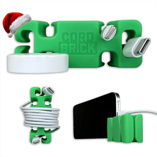 CordBrick Stocking Stuffers for Adults Cord Management Weighted Cord Holder Cable Wrap Phone Stand - Multiuse Gadget Organizer for Nightstand, Desk. Gift for Men, Durable Silicone. Green