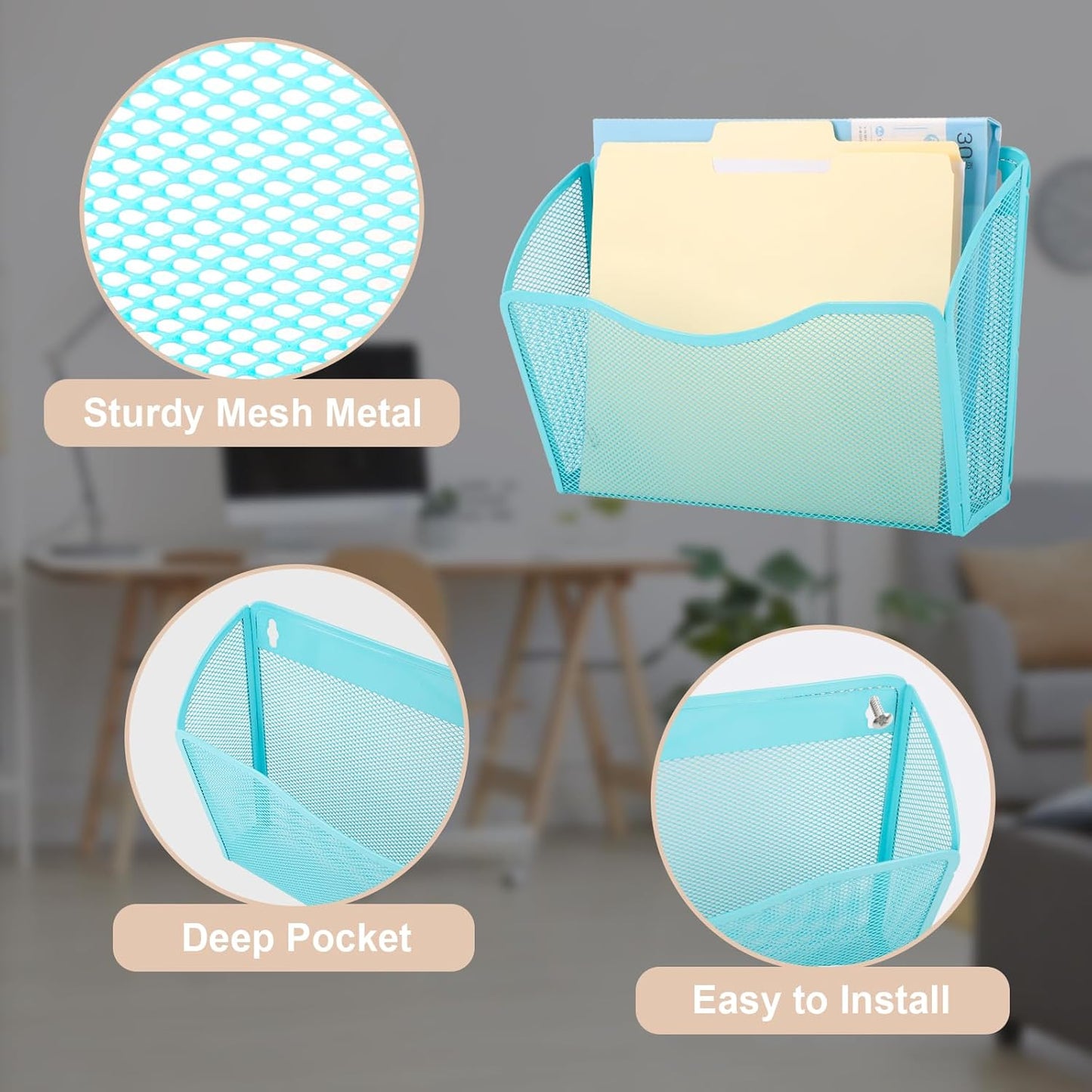 EASEPRES 3 Single Pocket Mesh Hanging File Organizer, Vertical Wall Mounted Magazine File Holder, Mount Basket Mail Paper Document Folder Organizing for Office, Home and School, Blue
