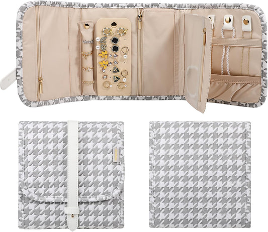 Voova Travel Jewelry Holder Organizer Case, Small Jewelry Storage Bag for Women Girls, Foldable Traveling Jewellery Pouch Roll for Necklaces Rings Earrings Bracelets, Mini, Grey+White