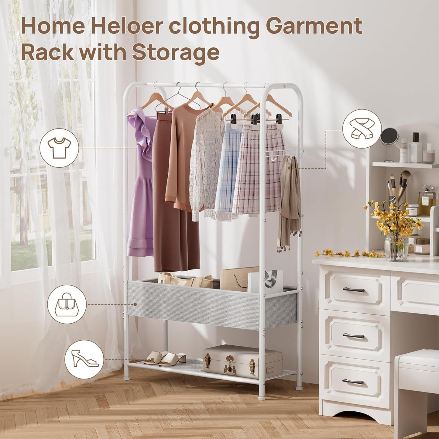 Clothes Garment Coat Rack Drying Clothing Racks Metal Freestanding for Hanging Clothes Portable Closet for Laundry Bedroom White
