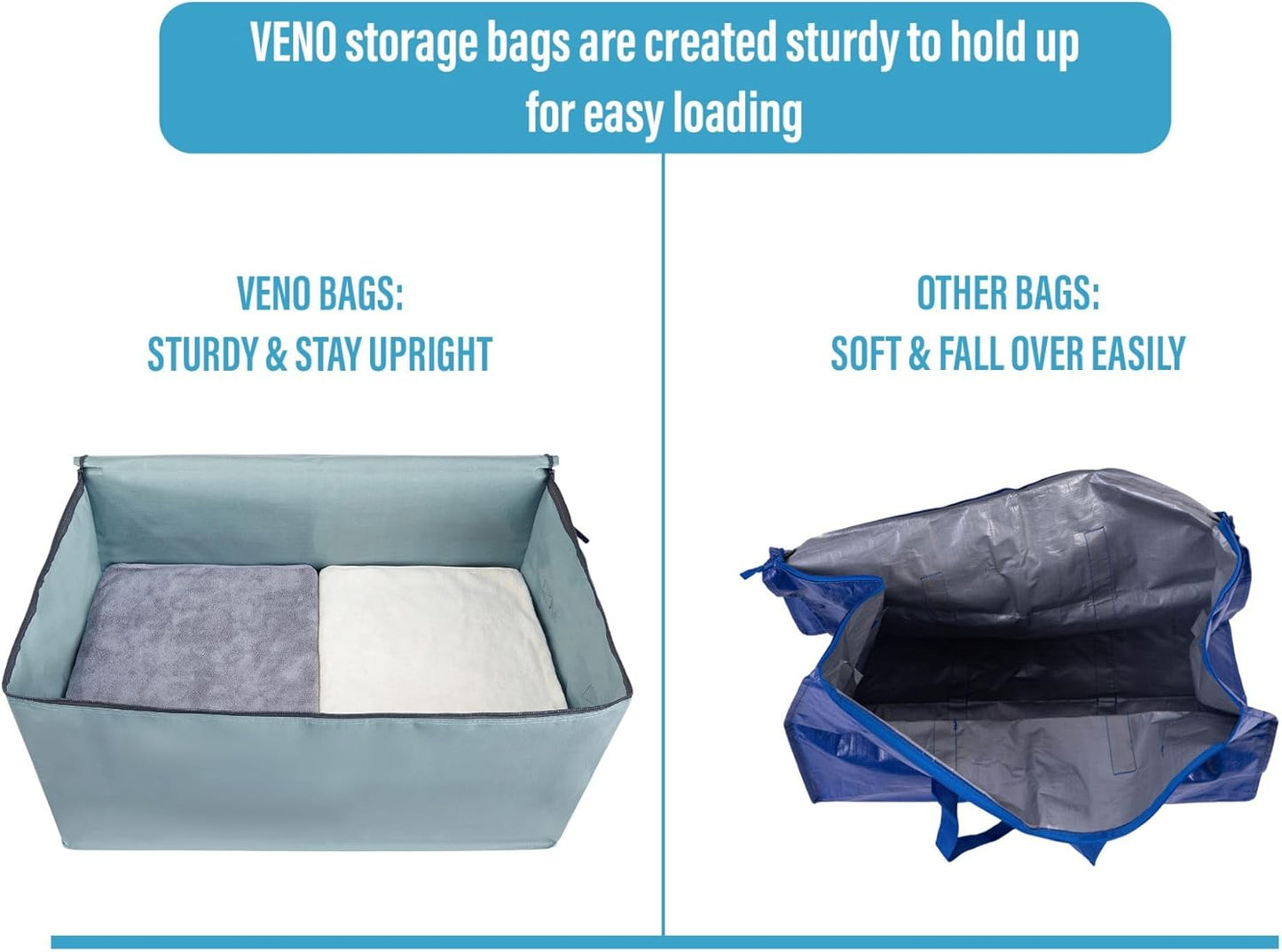 VENO 4 Pack Moving Bags and Large Christmas Decoration Storage Bins with lids. Alternative to Moving Boxes, Packing Supplies for College. Heavy Duty Totes (Light Blue Matte, 4 Pack)