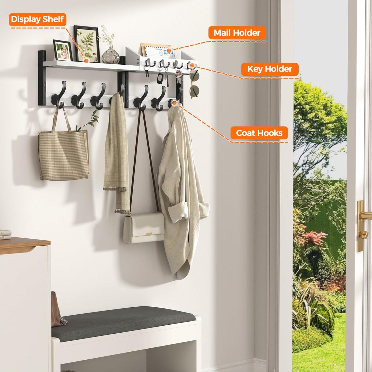 Evermagin 29" Coat Rack Wall Mount with Shelf, 4 in 1 Coat and Key Hanger with 11 Metal Hooks, Entryway Wall Mounted Shelf with Mail Holder for Living Room, Bedroom, White
