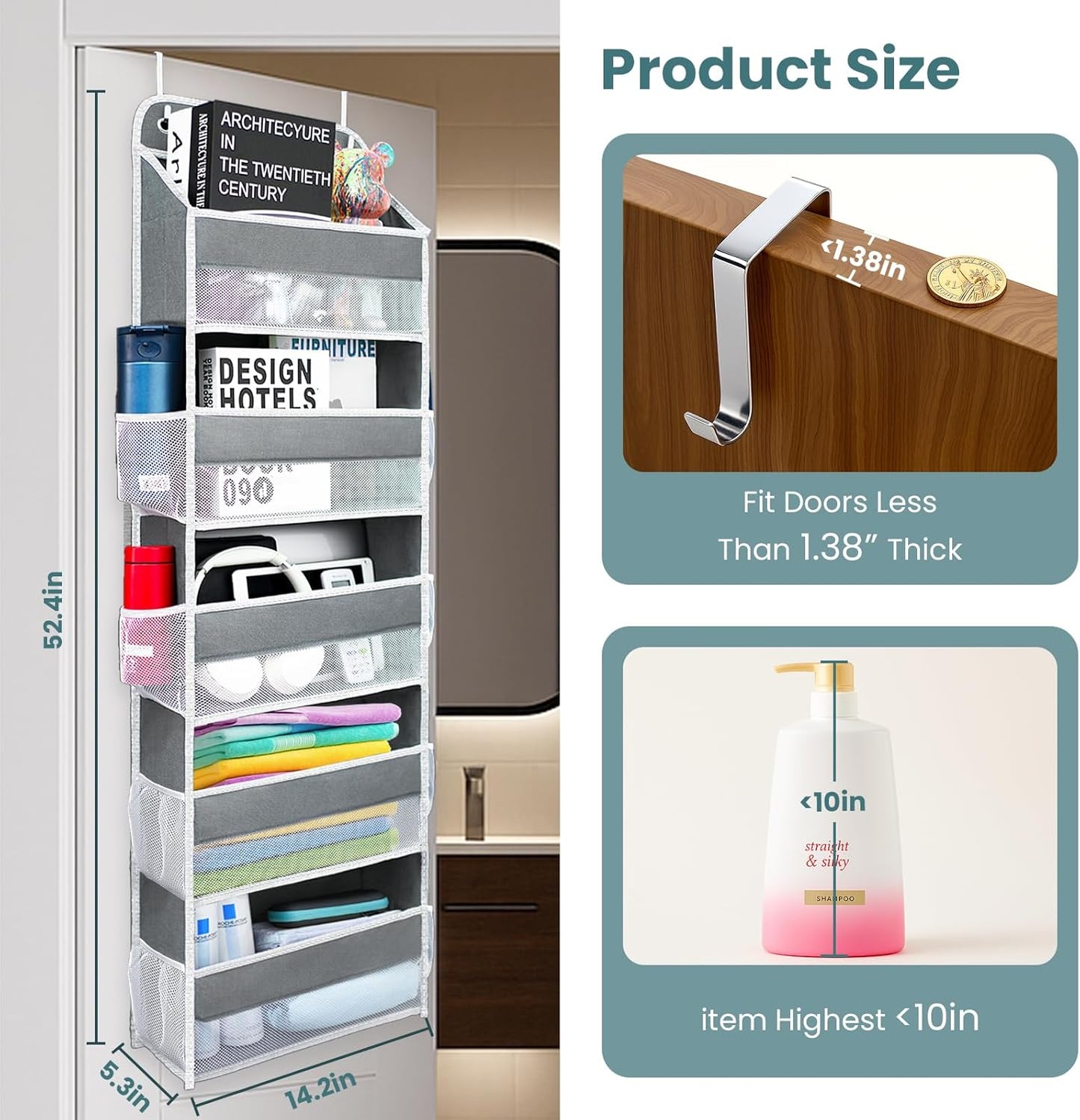 Over The Door Organizer with 8 Side Mesh Pockets, 44lb Weight Capacity Hanging Behind The Door Bathroom Organizers and Storage Suitable for Storing Toys, Shoes, Towels, Grey, 5 Shelf