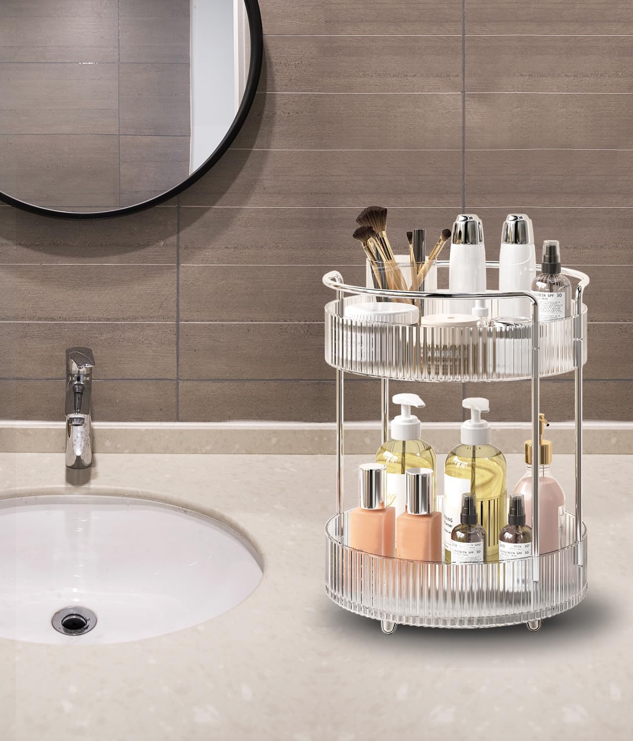 360° Rotating Makeup Organizer for Vanity, Skincare Perfume Organizers and Storage for Bathroom Countertop, Clear Makeup Brush Holder Lazy Susan for Counter (Transparent, 2 Tier)