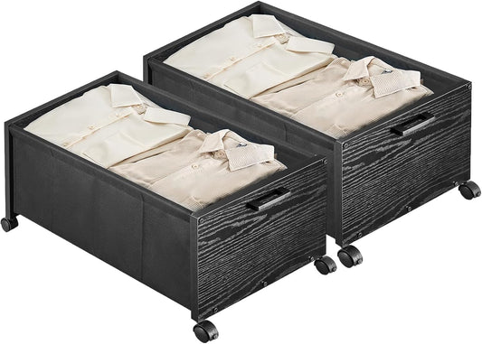 Under Bed Storage with Wheels, Wooden Under Bed Drawers On Wheels, Rolling Under Bed Shoe Storage, Space Saving, Black,70L