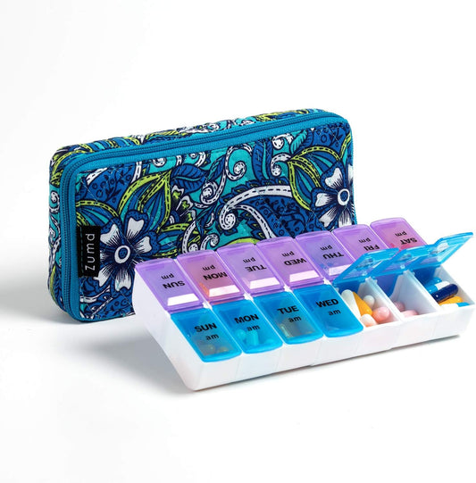 Weekly 7 Day Pill Organizer Case 2 Times a Day (AM/PM), Large Portable Pill Box 7 Day for Vitamin Medicine, Pill Case with Quilted Fabric Zipper Cute Bag for Travel or Daily