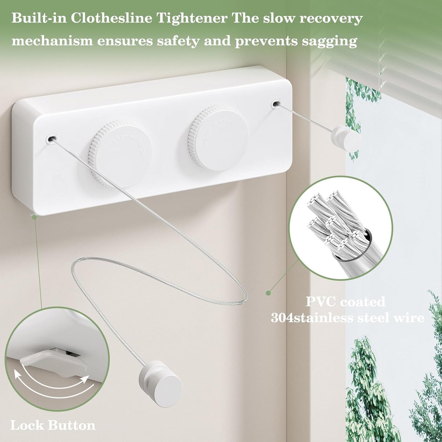 Danpoo Retractable Clothesline, Anti-Sag Adjustable Knob Heavy-Duty Clothes Line for Indoors/Outdoors with 2 * 13.8ft Stainless Steel Wire, Laundry Wall Drying Solutions