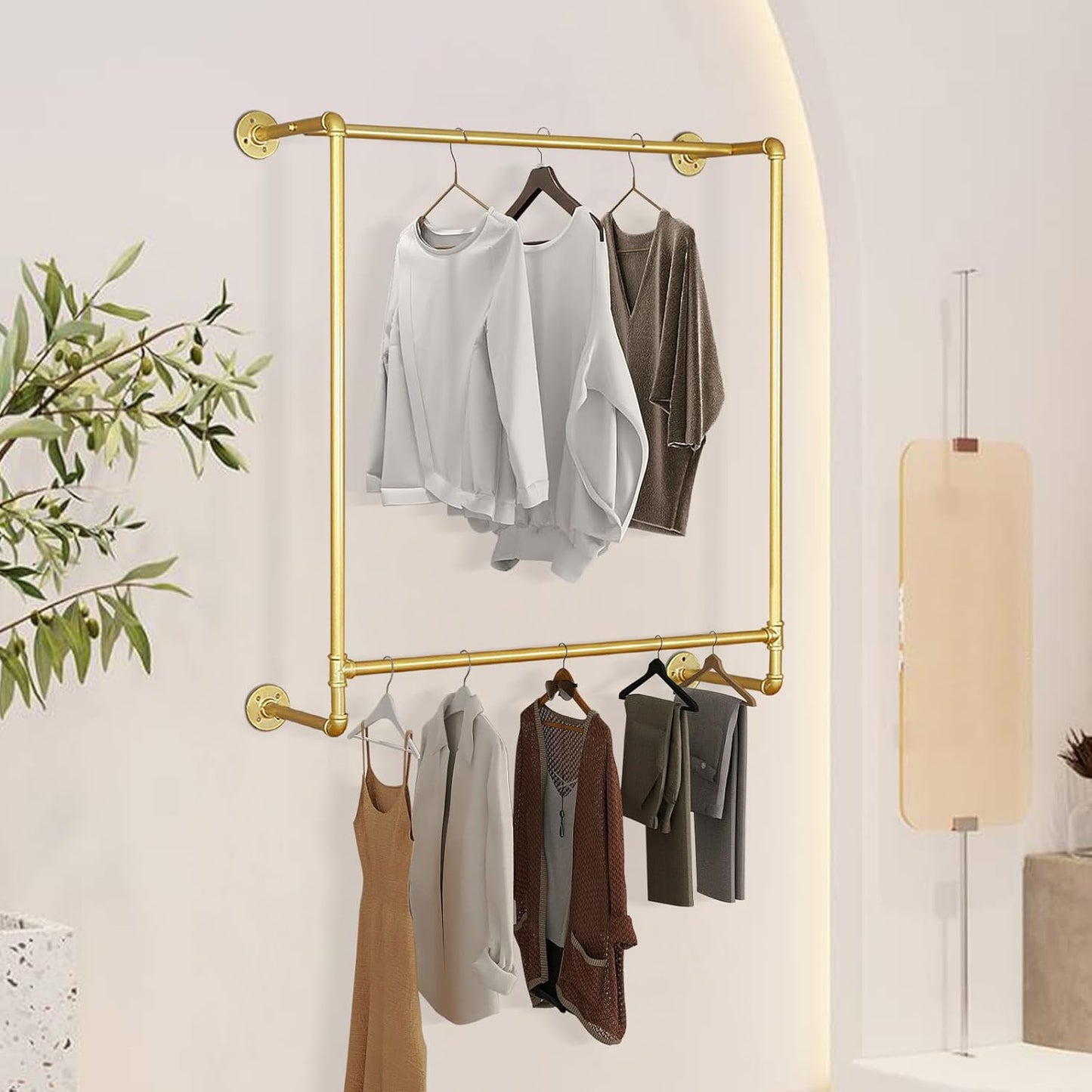 Gold Wall Mounted Clothes Rack, Industrial Pipe Garment Rack Hanging Rod Bar for Closet Storage,Laundry Room Up to Max Load 110lbs