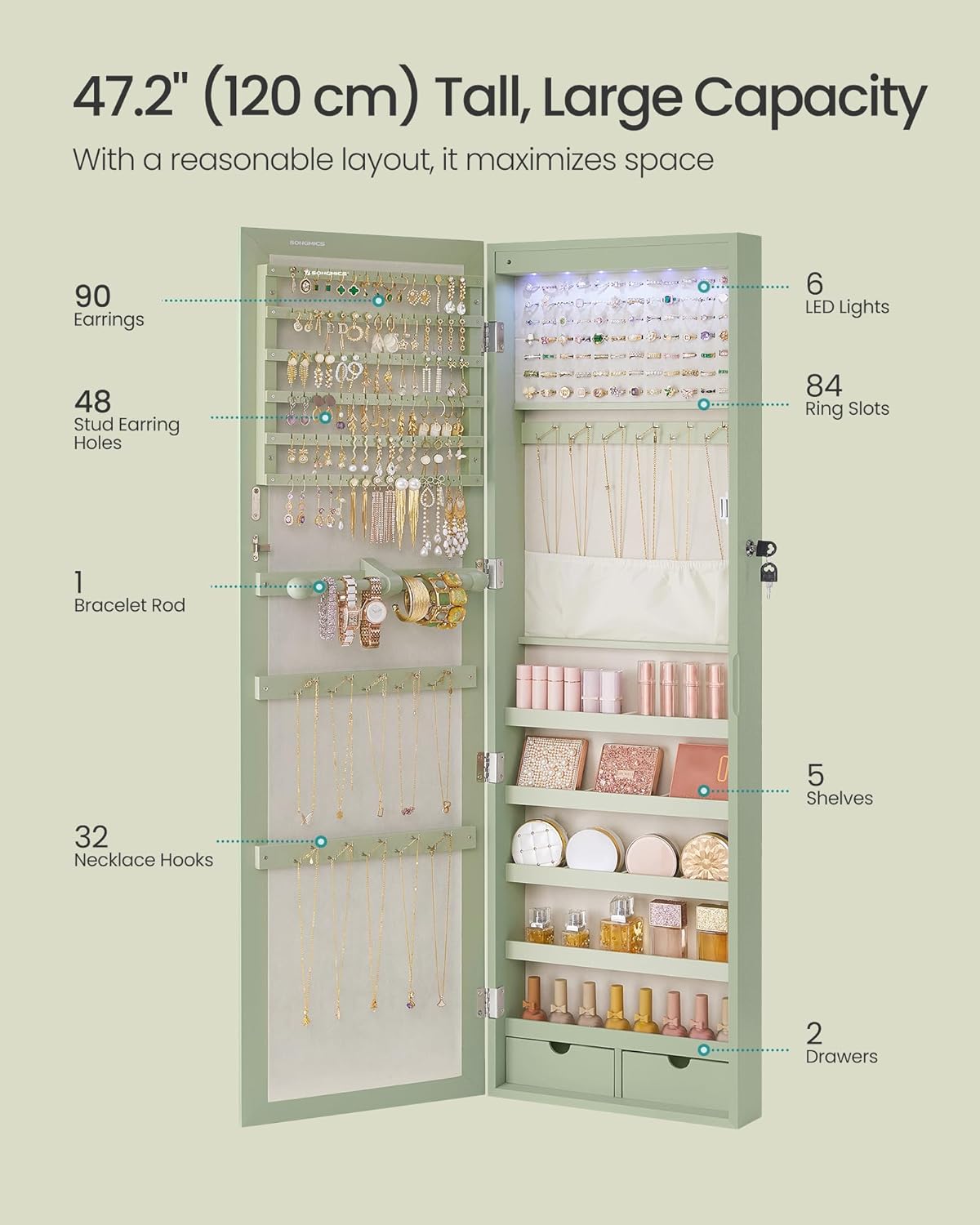 SONGMICS 6 LEDs Mirror Jewelry Cabinet, 47.2-Inch Tall Lockable Wall or Door Mounted Jewelry Armoire Organizer with Mirror, 2 Drawers, Christmas Gift, 3.9 x 14.6 x 47.2 Inches, Laurel Green
