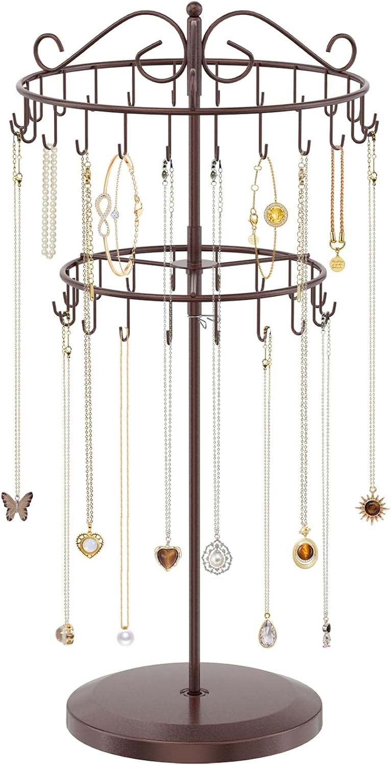 iDavosic.ly 2 Tier Rotating Necklace Holder Organizer with 42 Hooks, Adjustable Metal Bracelet Display Stand Rack, Extra Tall Keychain Spinning Tree Tower for Women, Espresso Brown