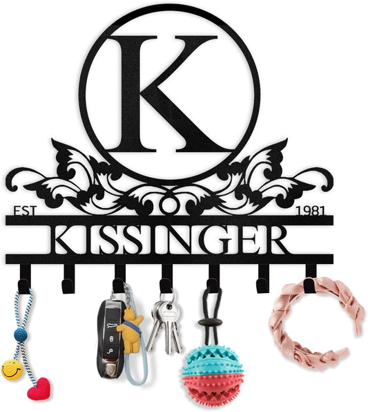 Personalized Key Holder Wall Mount - Custom Family Name Key Holder for Wall, Metal Key Rack Hook Organizer, Coat Rack, Key Hanger Wall Decor for Kitchen, Entryway, Hallway, Bedroom