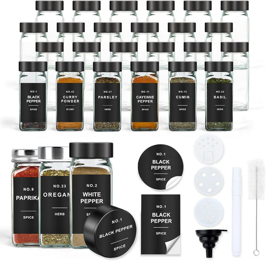 Spice Jars with Label, 36pcs 4oz Glass Spice Jars with Black Lids, Square Spice Containers with 304 Labels and Shaker Inserts, Empty Seasoning Bottles for Drawer, Cabinet, Seasoning Organizer