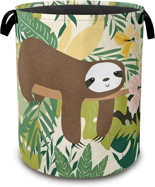 Laundry Hamper,Cute Funny Sloth Laundry Basket,Palm Leaf Waterproof Oxford Cloth Storage Basket with Handle for Clothes Books Nursery Home Storage Sundries 16"x20"